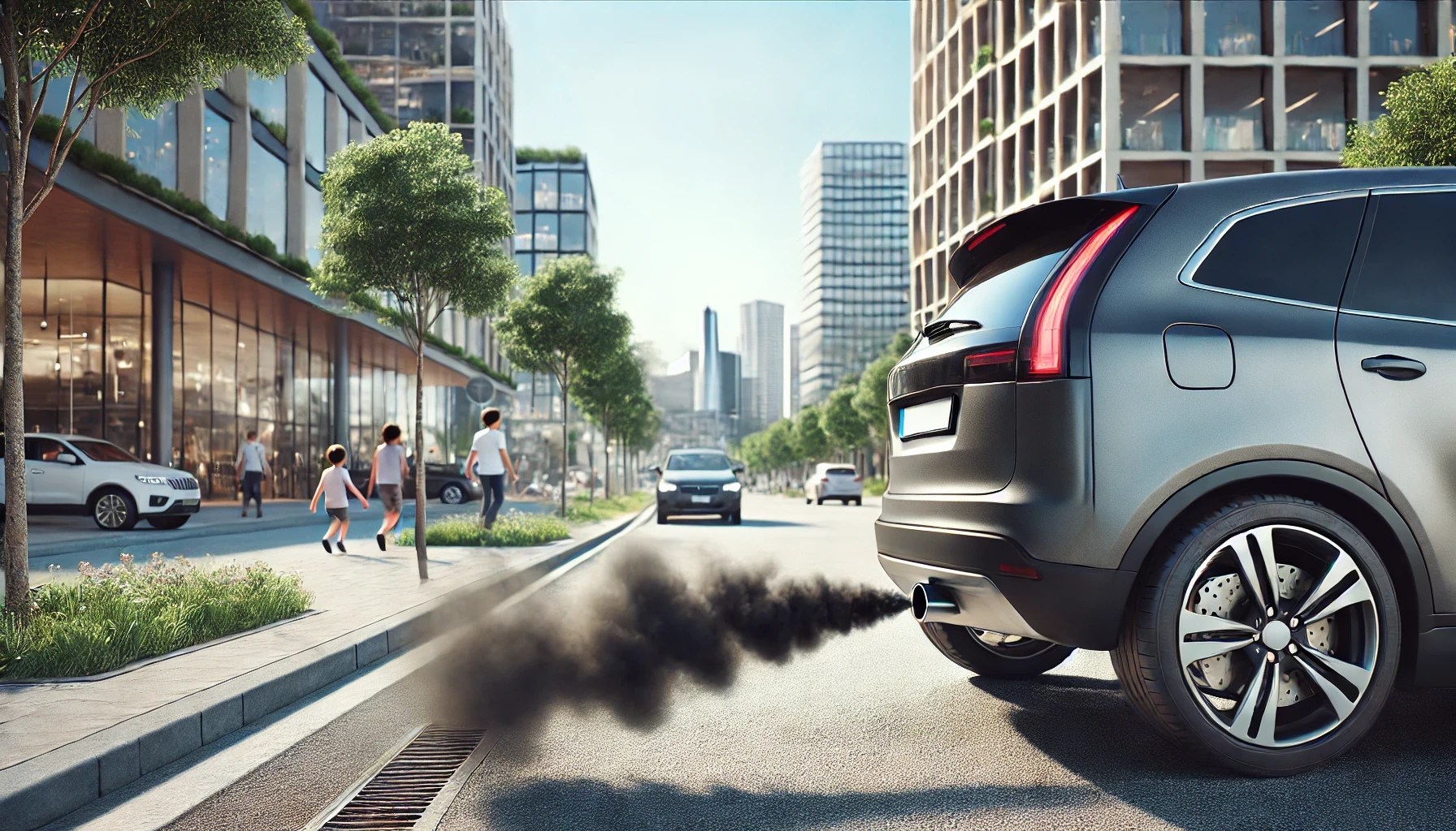 DALL·E 2025-02-24 12.17.05 - A photorealistic image of pollution from a modern car's exhaust pipe in a spacious, modern urban neighborhood. Thick, dark exhaust smoke is billowing